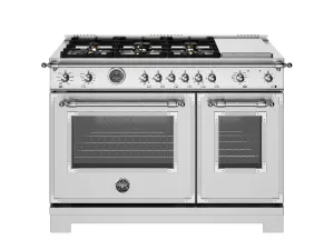 Bertazzoni HER486BTFEPXT 48 Inch Dual Fuel Range. 6 Brass Burners And Griddle. Electric Self-Clean Oven Stainless Steel