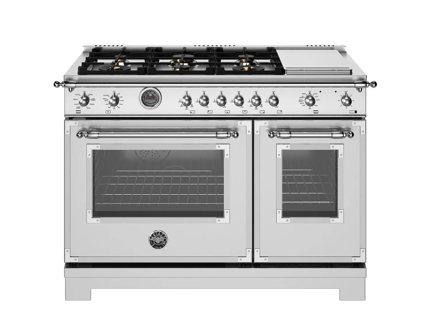 Bertazzoni HER486BTFEPXT 48 Inch Dual Fuel Range. 6 Brass Burners And Griddle. Electric Self-Clean Oven Stainless Steel