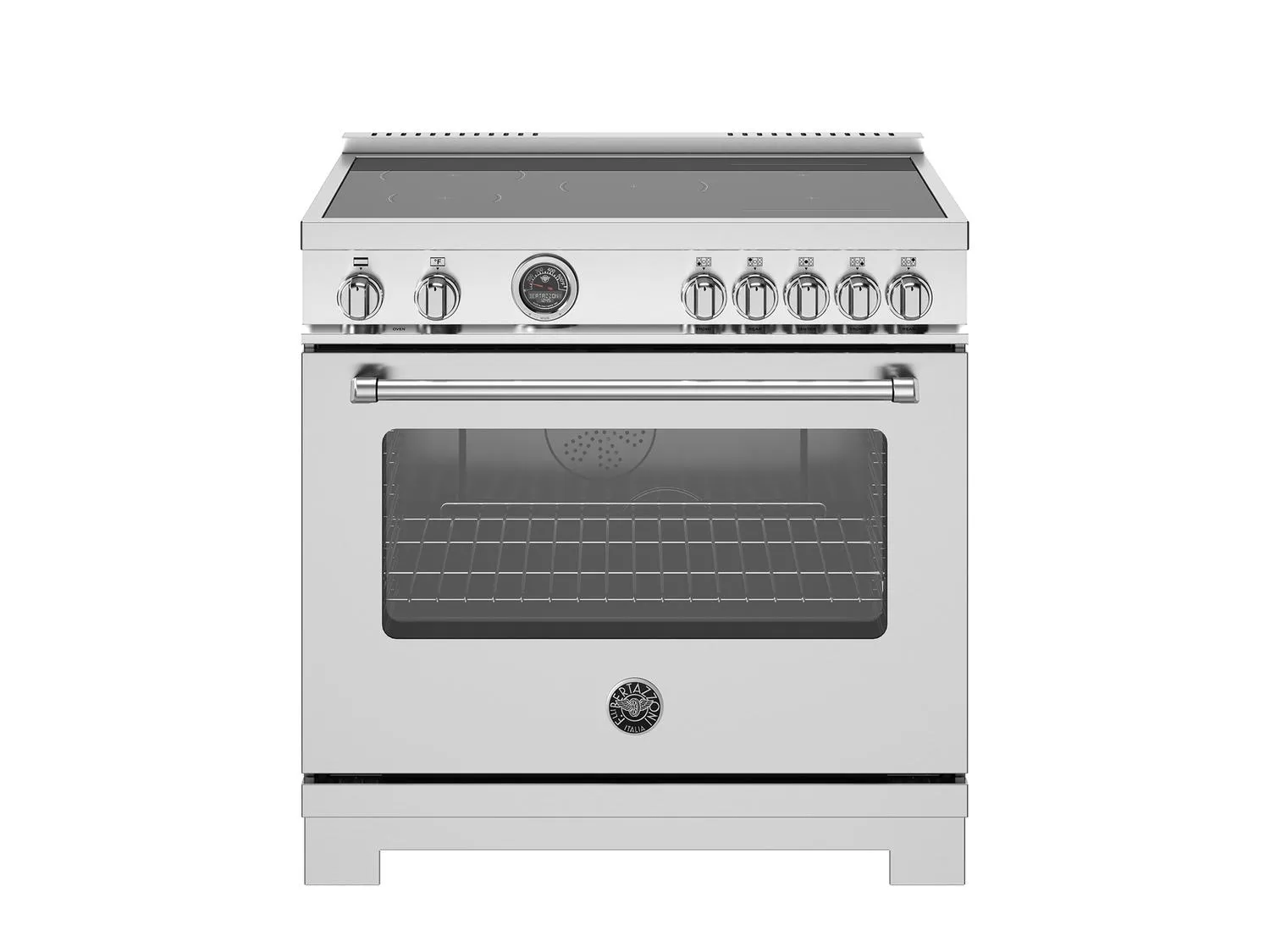 Bertazzoni MAS365ICFEPXT 36 Inch Induction Range. 5 Heating Zones And Cast Iron Griddle. Electric Self-Clean Oven Stainless Steel