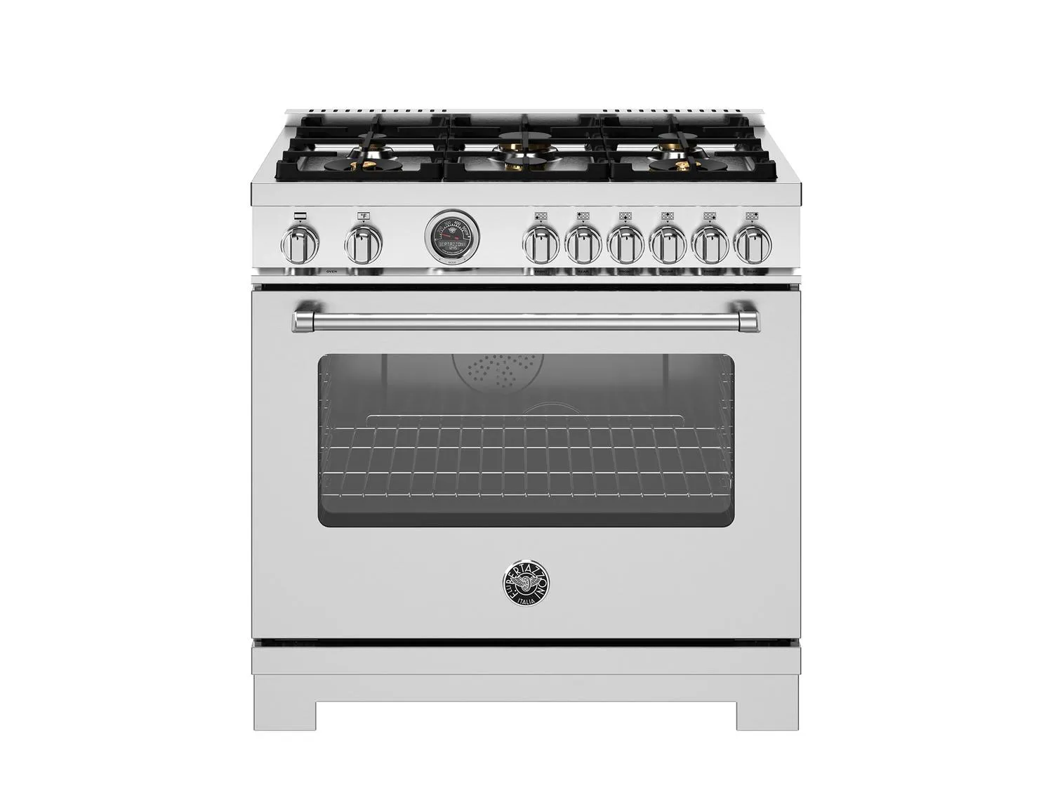 Bertazzoni MAS366BCFEPXT 36 Inch Dual Fuel Range. 6 Brass Burners And Cast Iron Griddle. Electric Self-Clean Oven Stainless Steel
