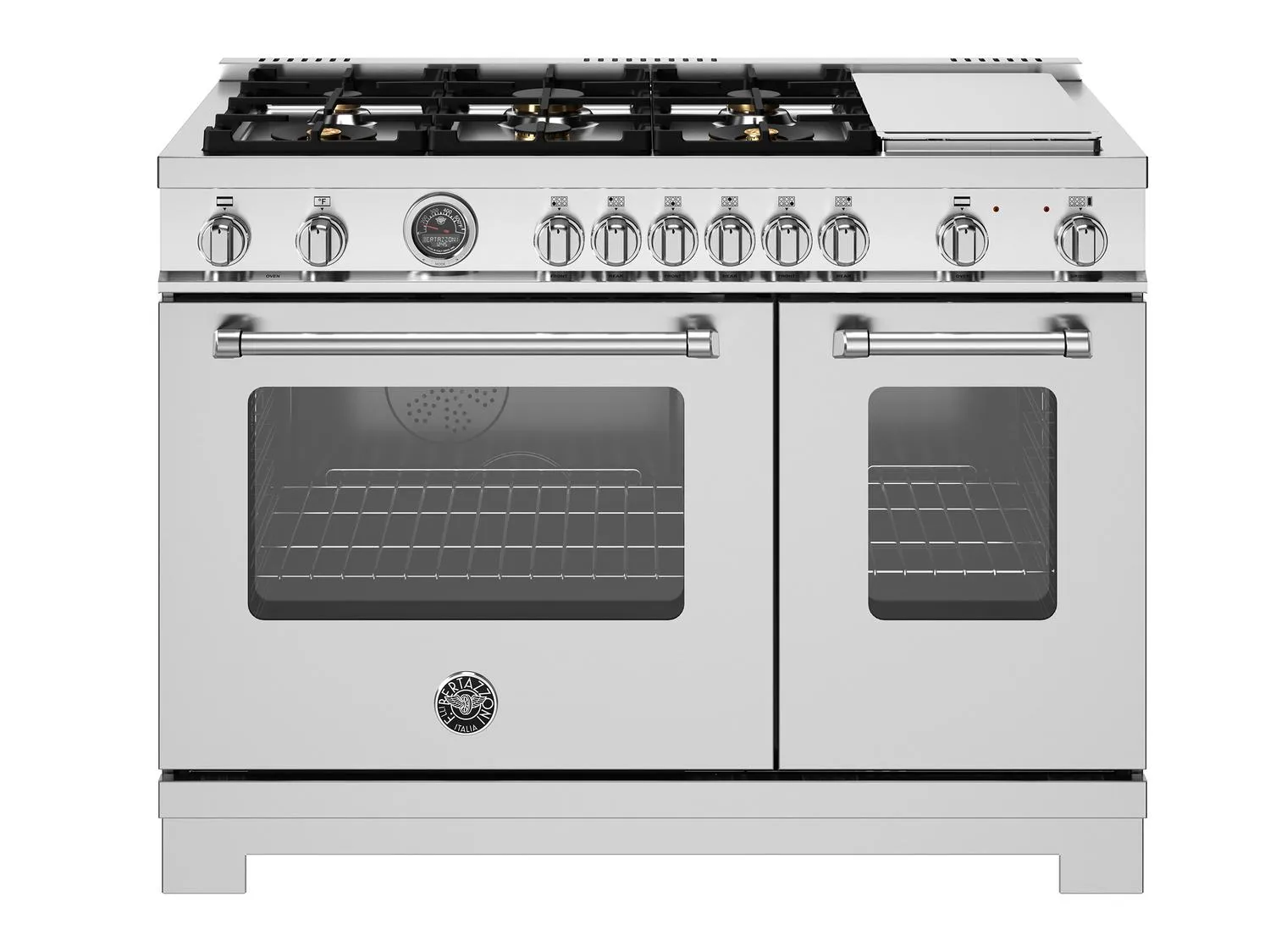 Bertazzoni MAS486BTFEPXT 48 Inch Dual Fuel Range. 6 Brass Burners And Griddle. Electric Self-Clean Oven Stainless Steel