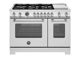 Bertazzoni MAS486BTFEPXT 48 Inch Dual Fuel Range. 6 Brass Burners And Griddle. Electric Self-Clean Oven Stainless Steel