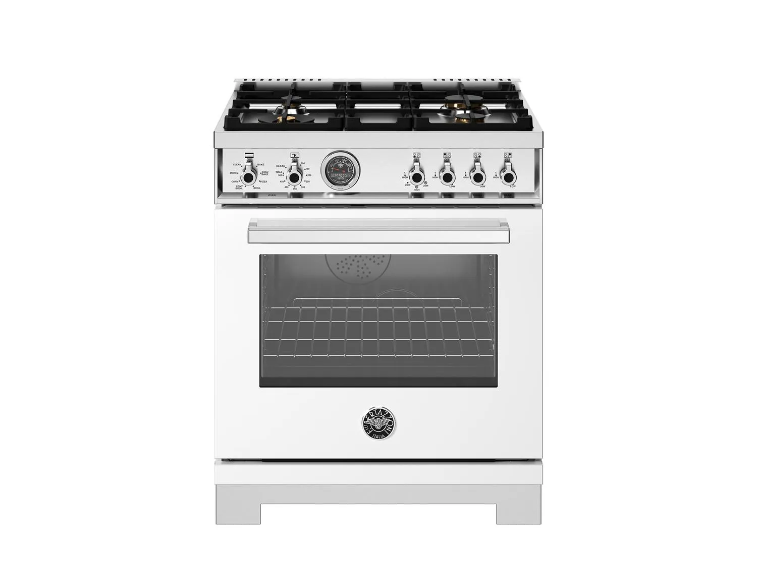 Bertazzoni PRO304BFEPBIT 30 Inch Dual Fuel Range. 4 Brass Burners. Electric Self-Clean Oven Bianco