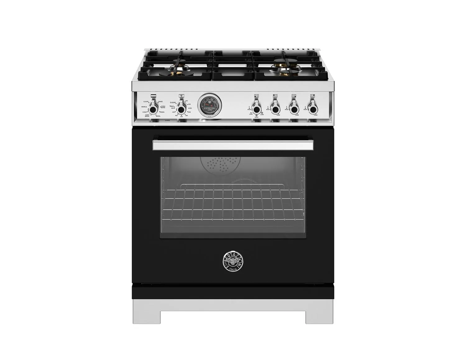 Bertazzoni PRO304BFEPNET 30 Inch Dual Fuel Range. 4 Brass Burners. Electric Self-Clean Oven Nero