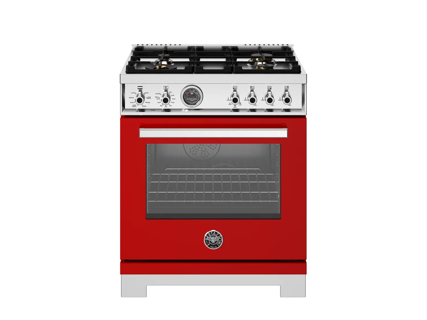 Bertazzoni PRO304BFEPROT 30 Inch Dual Fuel Range. 4 Brass Burners. Electric Self-Clean Oven Rosso