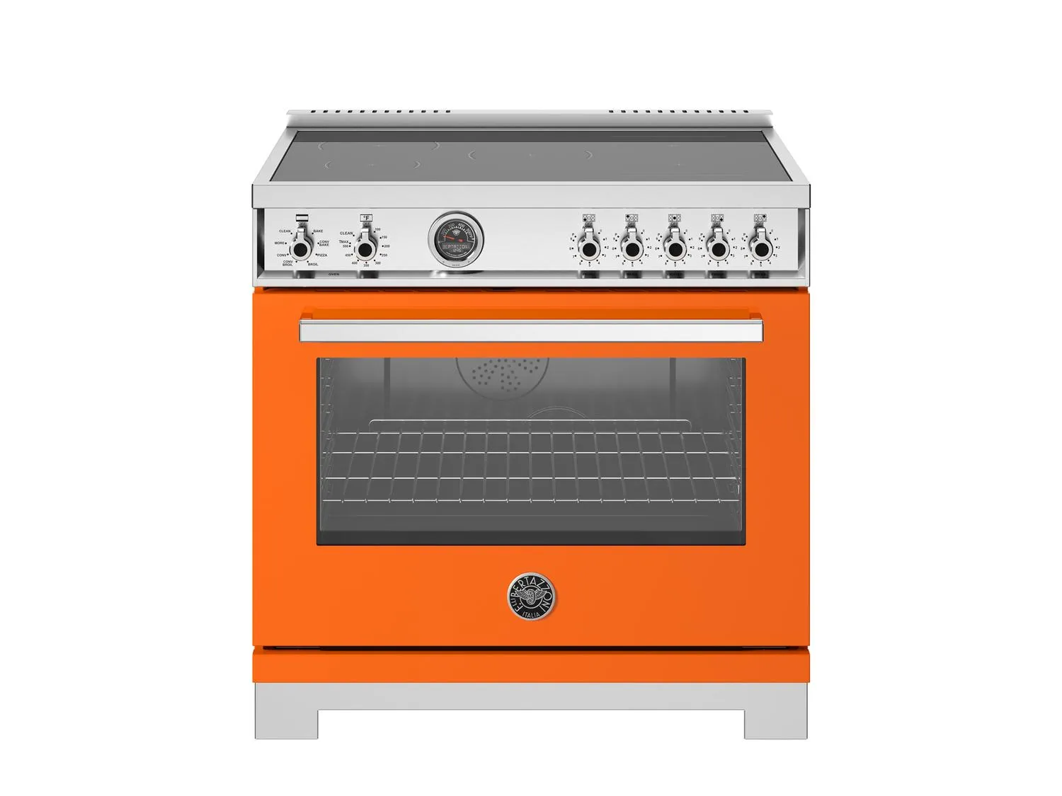 Bertazzoni PRO365ICFEPART 36 Inch Induction Range. 5 Heating Zones And Cast Iron Griddle. Electric Self-Clean Oven Arancio