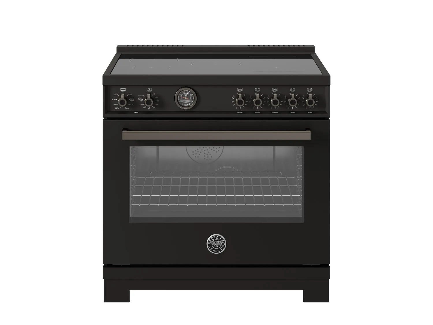 Bertazzoni PRO365ICFEPCAT 36 Inch Induction Range. 5 Heating Zones And Cast Iron Griddle. Electric Self-Clean Oven Carbonio