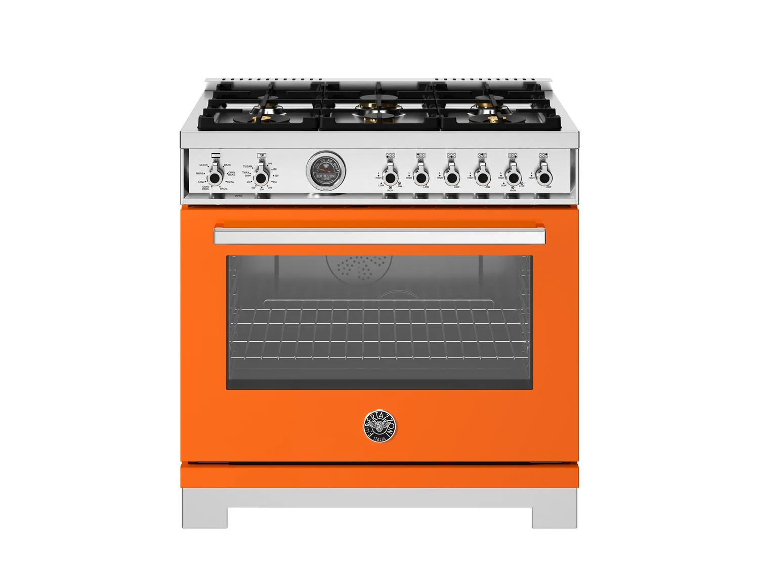 Bertazzoni PRO366BCFEPART 36 Inch Dual Fuel Range. 6 Brass Burners And Cast Iron Griddle. Electric Self-Clean Oven Arancio