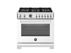 Bertazzoni PRO366BCFEPBIT 36 Inch Dual Fuel Range. 6 Brass Burners And Cast Iron Griddle. Electric Self-Clean Oven Bianco