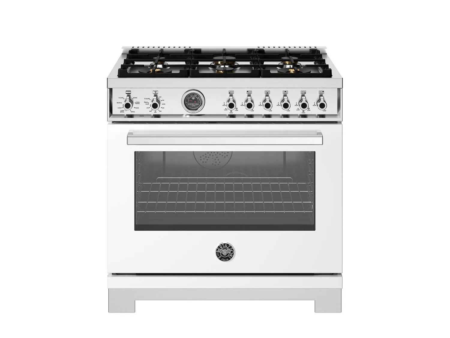 Bertazzoni PRO366BCFEPBIT 36 Inch Dual Fuel Range. 6 Brass Burners And Cast Iron Griddle. Electric Self-Clean Oven Bianco