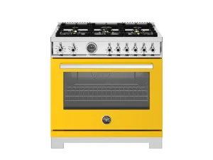 Bertazzoni PRO366BCFEPGIT 36 Inch Dual Fuel Range. 6 Brass Burners And Cast Iron Griddle. Electric Self-Clean Oven Giallo