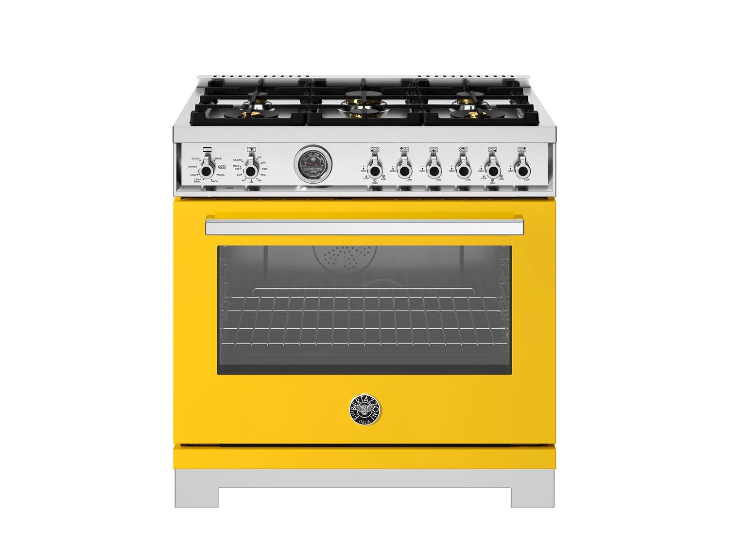 Bertazzoni PRO366BCFEPGIT 36 Inch Dual Fuel Range. 6 Brass Burners And Cast Iron Griddle. Electric Self-Clean Oven Giallo