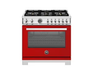 Bertazzoni PRO366BCFEPROT 36 Inch Dual Fuel Range. 6 Brass Burners And Cast Iron Griddle. Electric Self-Clean Oven Rosso