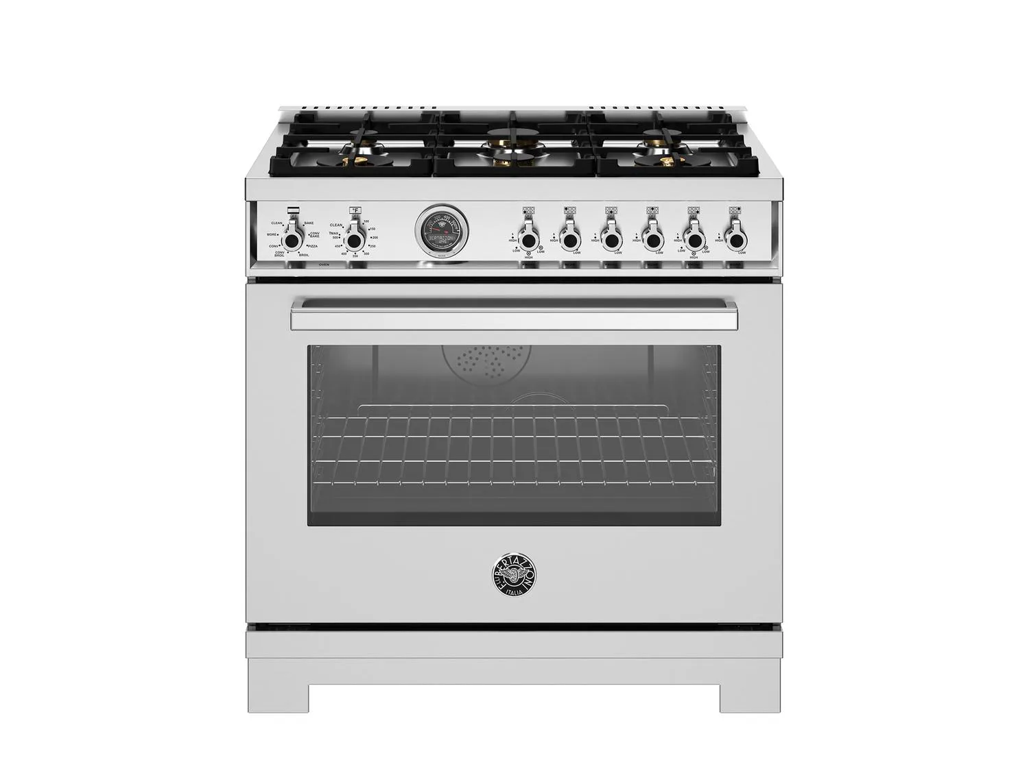 Bertazzoni PRO366BCFEPXT 36 Inch Dual Fuel Range. 6 Brass Burners And Cast Iron Griddle. Electric Self-Clean Oven Stainless Steel