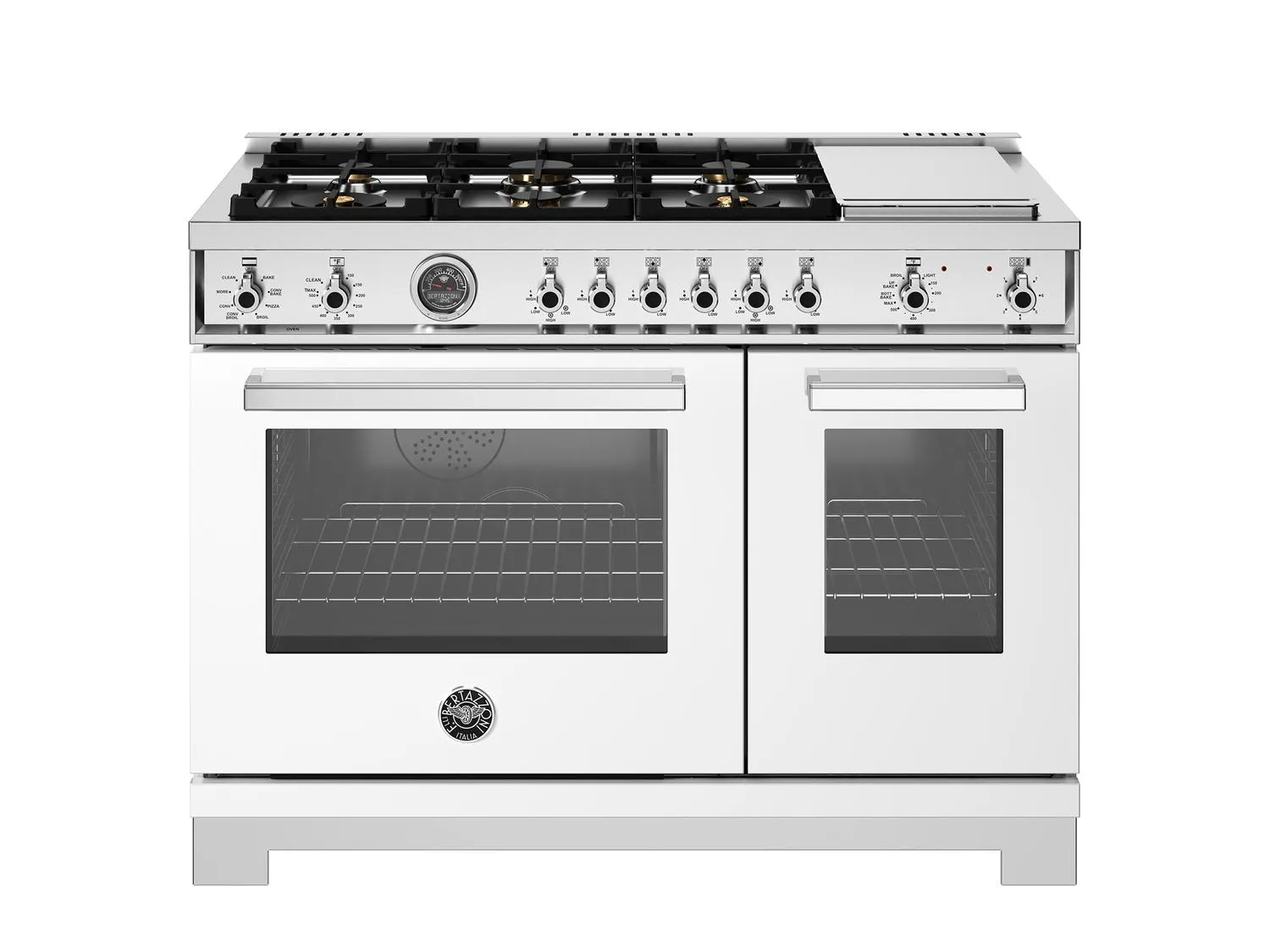 Bertazzoni PRO486BTFEPBIT 48 Inch Dual Fuel Range. 6 Brass Burners And Griddle. Electric Self-Clean Oven Bianco