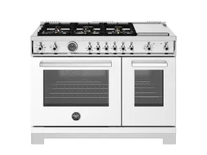 Bertazzoni PRO486BTFEPBIT 48 Inch Dual Fuel Range. 6 Brass Burners And Griddle. Electric Self-Clean Oven Bianco