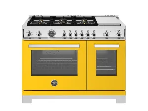Bertazzoni PRO486BTFEPGIT 48 Inch Dual Fuel Range. 6 Brass Burners And Griddle. Electric Self-Clean Oven Giallo