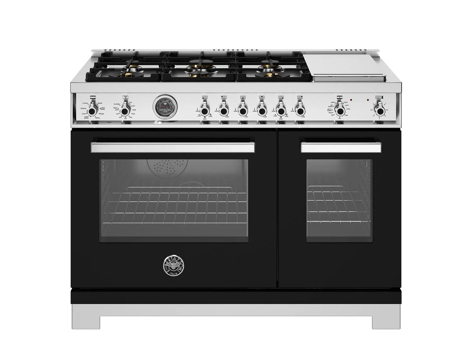 Bertazzoni PRO486BTFEPNET 48 Inch Dual Fuel Range. 6 Brass Burners And Griddle. Electric Self-Clean Oven Nero