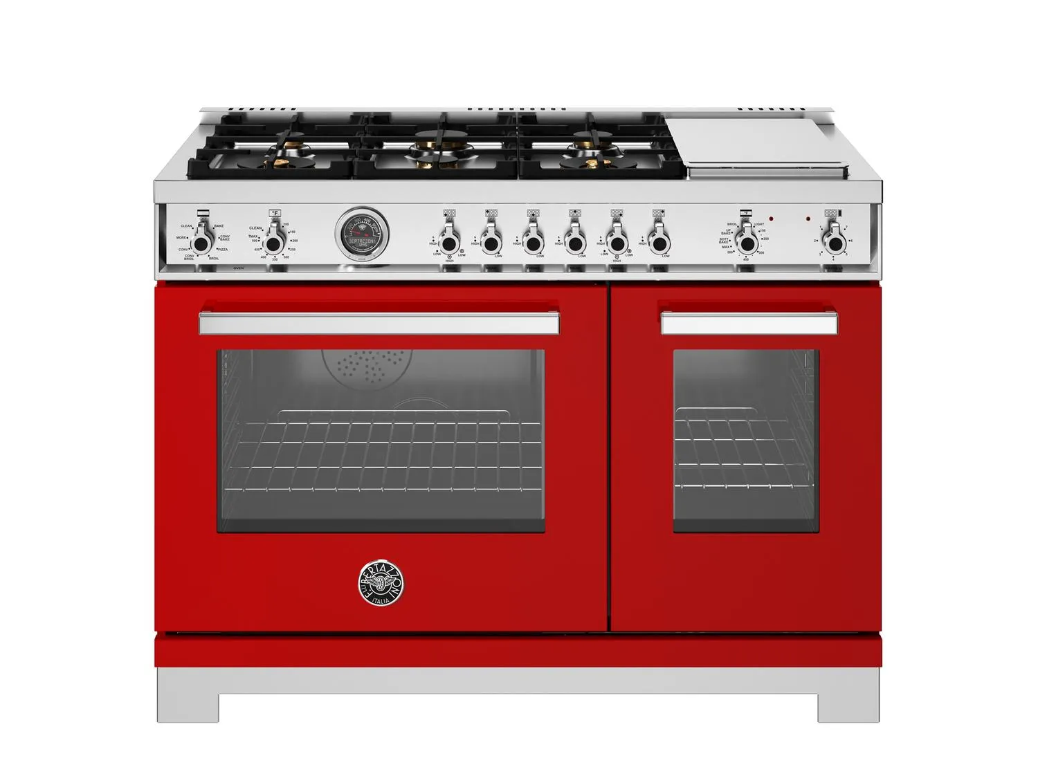 Bertazzoni PRO486BTFEPROT 48 Inch Dual Fuel Range. 6 Brass Burners And Griddle. Electric Self-Clean Oven Rosso