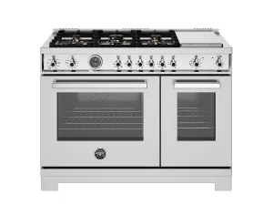 Bertazzoni PRO486BTFEPXT 48 Inch Dual Fuel Range. 6 Brass Burners And Griddle. Electric Self-Clean Oven Stainless Steel