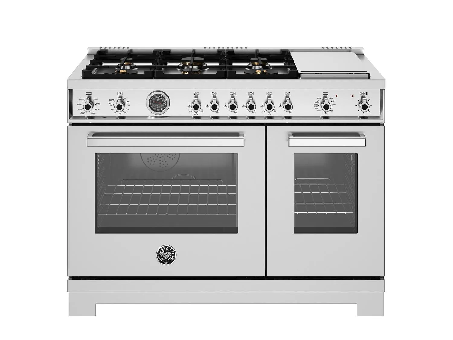 Bertazzoni PRO486BTFEPXT 48 Inch Dual Fuel Range. 6 Brass Burners And Griddle. Electric Self-Clean Oven Stainless Steel