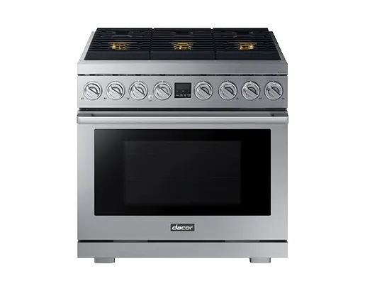 Dacor DOP36T86GLS Transitional 36 Gas Range. Silver Stainless Steel. Natural Gas/Liquid Propane
