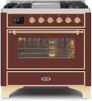 Ilve UM09FDNS3BUG Majestic Ii 36 Inch Dual Fuel Natural Gas Freestanding Range In Burgundy With Brass Trim