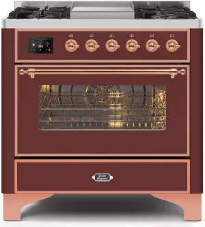 Ilve UM09FDNS3BUPLP Majestic Ii 36 Inch Dual Fuel Liquid Propane Freestanding Range In Burgundy With Copper Trim