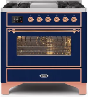 Ilve UM09FDNS3MBPLP Majestic Ii 36 Inch Dual Fuel Liquid Propane Freestanding Range In Blue With Copper Trim
