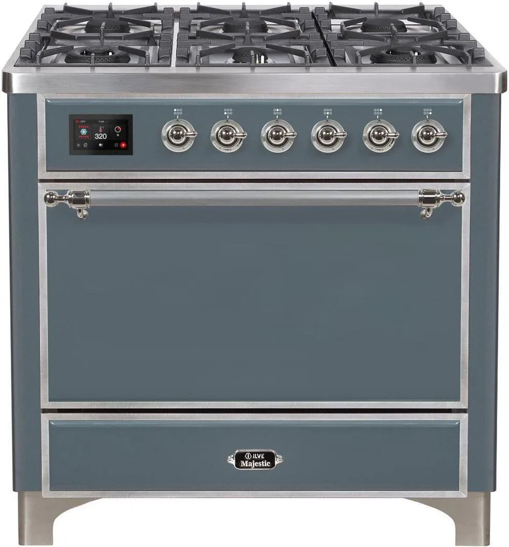 Ilve UM09FDQNS3BGC 36 Inch Dual Fuel Natural Gas Freestanding Range In Blue Grey With Chrome Trim