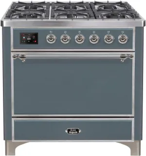 Ilve UM09FDQNS3BGC 36 Inch Dual Fuel Natural Gas Freestanding Range In Blue Grey With Chrome Trim