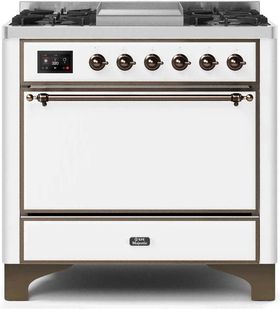 Ilve UM09FDQNS3WHBLP Majestic Ii 36 Inch Dual Fuel Liquid Propane Freestanding Range In White With Bronze Trim