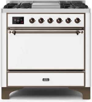 Ilve UM09FDQNS3WHBLP Majestic Ii 36 Inch Dual Fuel Liquid Propane Freestanding Range In White With Bronze Trim
