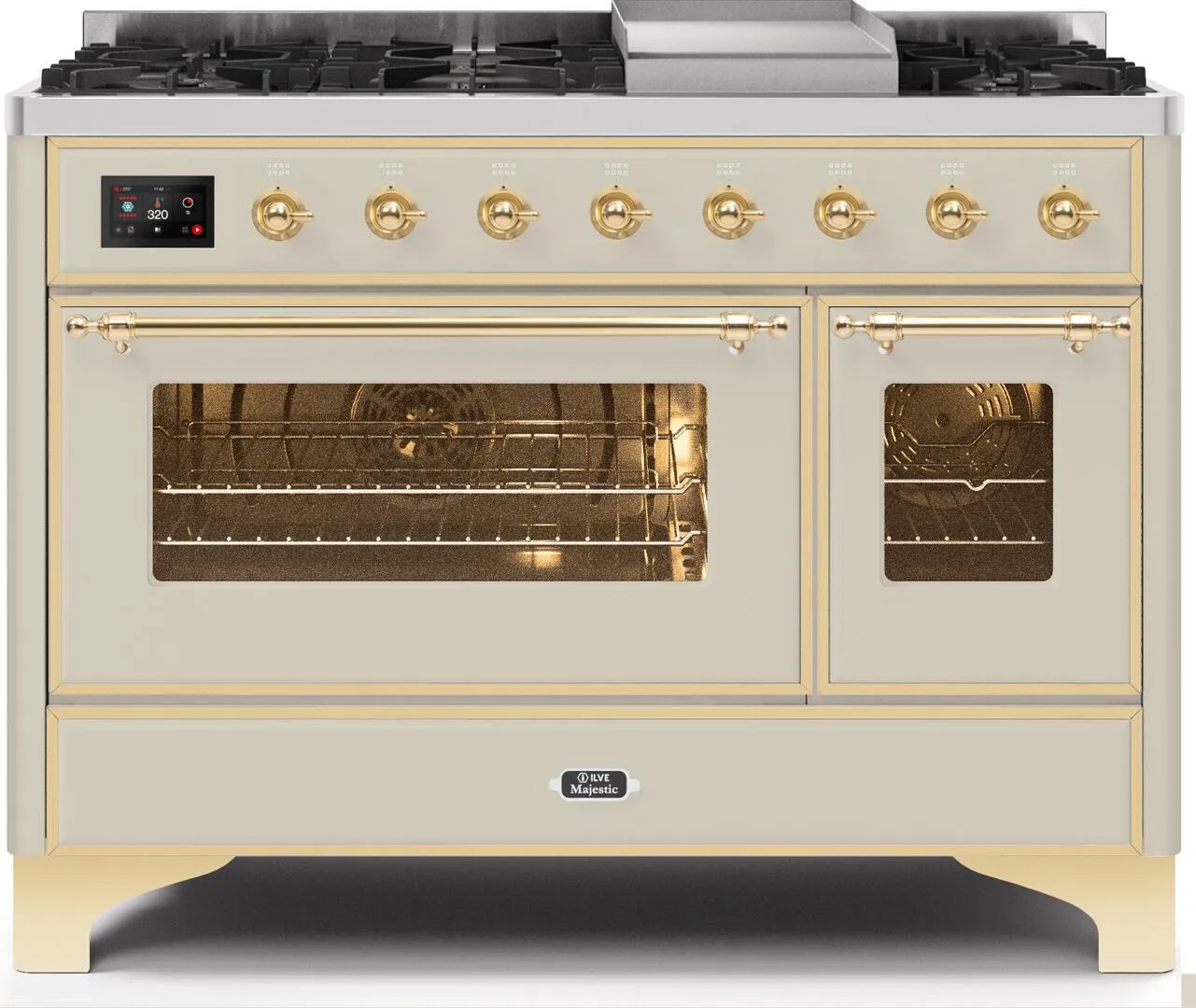 Ilve UM12FDNS3AWG Majestic Ii 48 Inch Dual Fuel Natural Gas Freestanding Range In Antique White With Brass Trim
