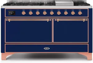 Ilve UM15FDQNS3MBP Majestic Ii 60 Inch Dual Fuel Natural Gas Freestanding Range In Blue With Copper Trim