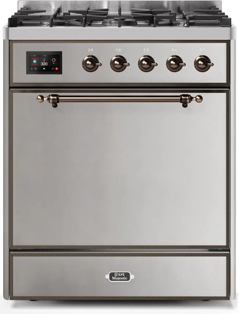 Ilve UM30DQNE3SSBLP Majestic Ii 30 Inch Dual Fuel Liquid Propane Freestanding Range In Stainless Steel With Bronze Trim