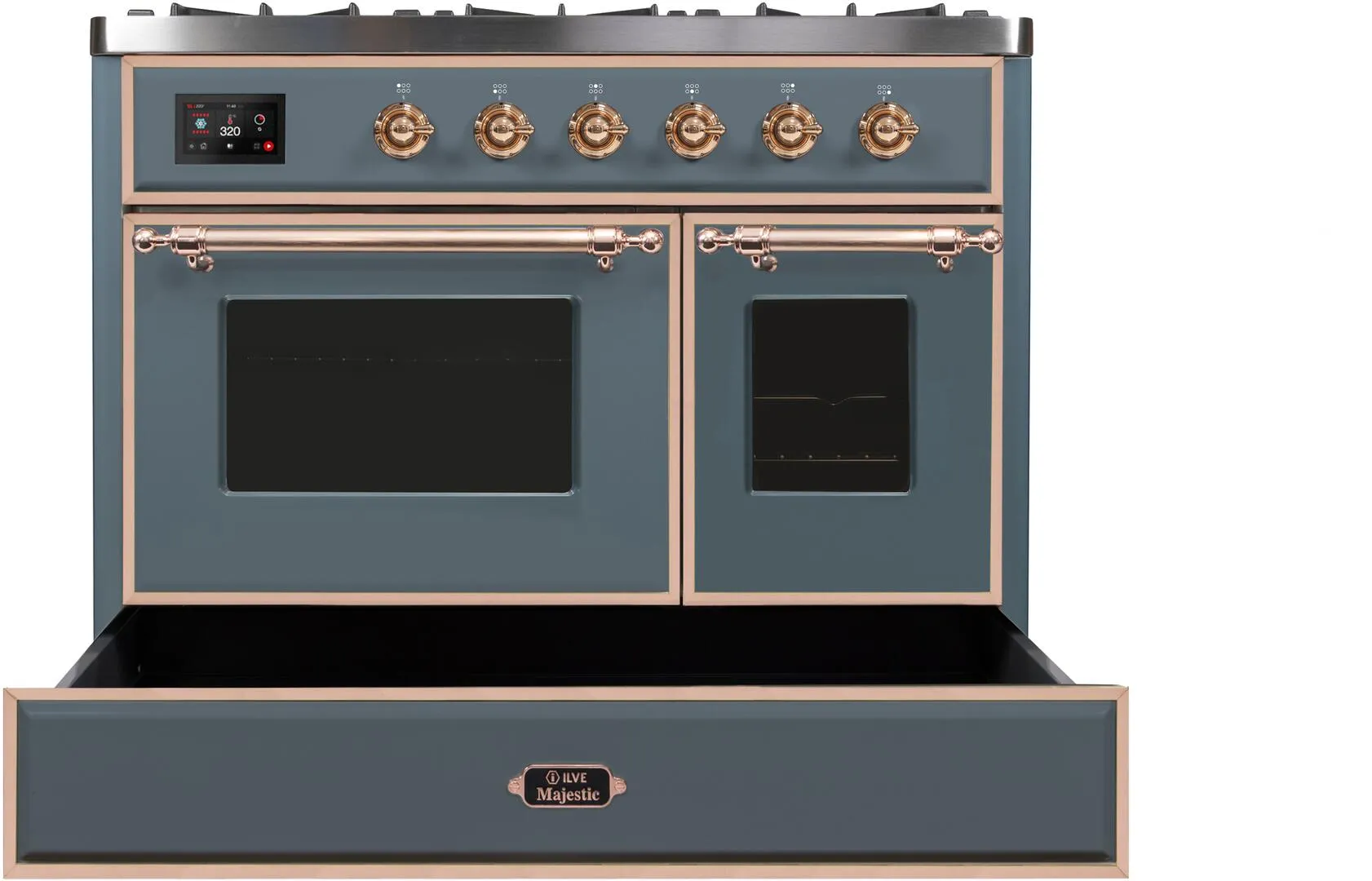 Ilve UMD10FDNS3BGPLP Majestic Ii 40 Inch Dual Fuel Liquid Propane Freestanding Range In Blue Grey With Copper Trim