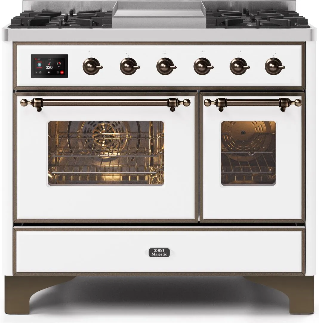 Ilve UMD10FDNS3WHBLP Majestic Ii 40 Inch Dual Fuel Liquid Propane Freestanding Range In White With Bronze Trim