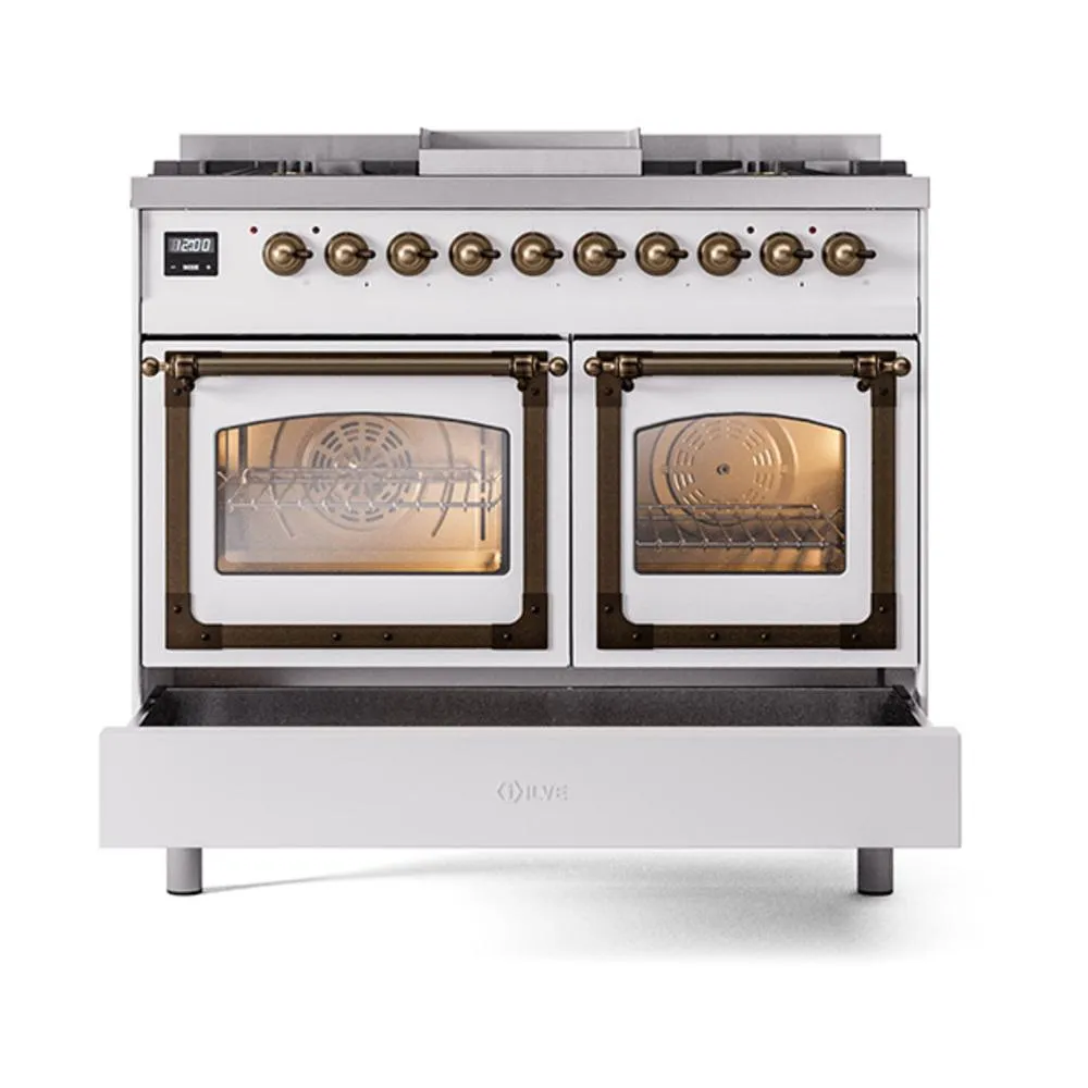 Ilve UND40FNMPWHBLP Ilve Und40Fnmpwhblp Nostalgie Ii Noblesse 40 Dual Fuel Range (Liquid Propane. Triple Glass Door. White. Burnished)