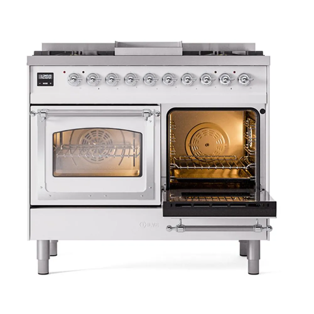 Ilve UND40FNMPWHCLP Ilve Und40Fnmpwhclp Nostalgie Ii Noblesse 40 Dual Fuel Range (Liquid Propane. Triple Glass Door. White. Chrome)
