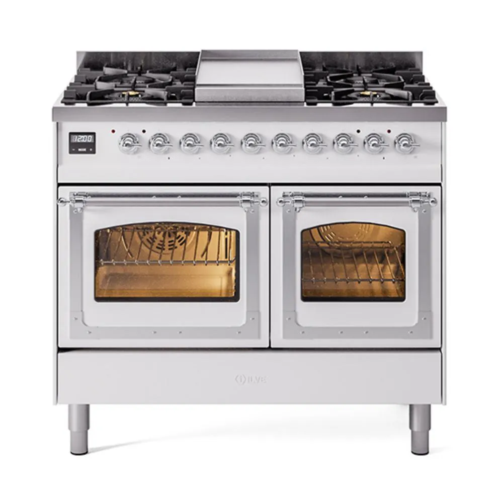 Ilve UND40FNMPWHCLP Ilve Und40Fnmpwhclp Nostalgie Ii Noblesse 40 Dual Fuel Range (Liquid Propane. Triple Glass Door. White. Chrome)