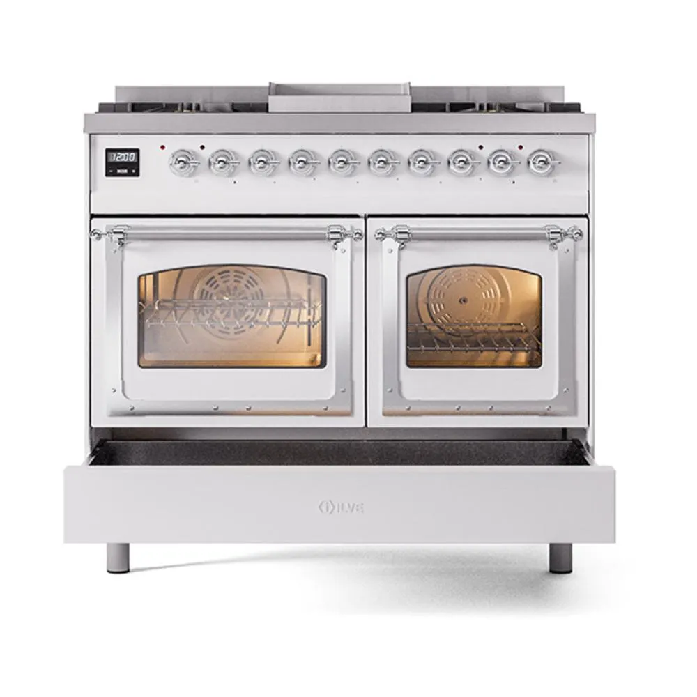 Ilve UND40FNMPWHCLP Ilve Und40Fnmpwhclp Nostalgie Ii Noblesse 40 Dual Fuel Range (Liquid Propane. Triple Glass Door. White. Chrome)