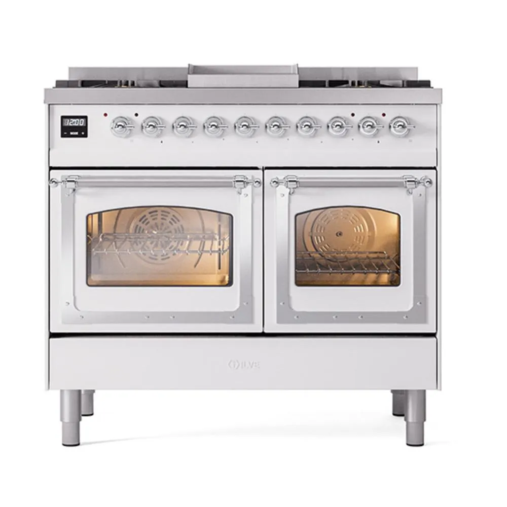 Ilve UND40FNMPWHCLP Ilve Und40Fnmpwhclp Nostalgie Ii Noblesse 40 Dual Fuel Range (Liquid Propane. Triple Glass Door. White. Chrome)