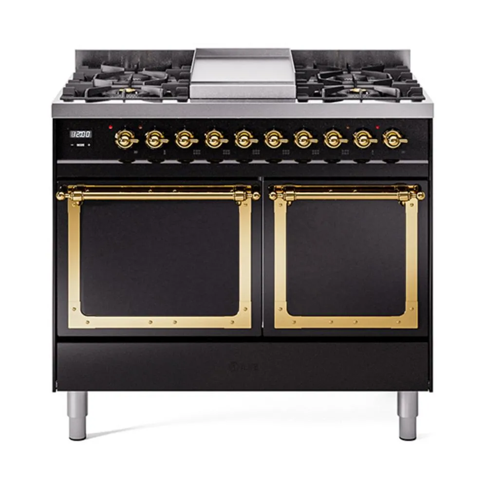 Ilve UND40FQNMPBKGLP Ilve Und40Fqnmpbkglp Nostalgie Ii Noblesse 40 Dual Fuel Range (Liquid Propane. Solid Door. Glossy Black. Brass)