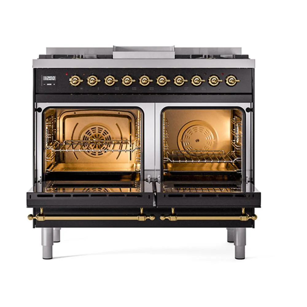 Ilve UND40FQNMPBKGLP Ilve Und40Fqnmpbkglp Nostalgie Ii Noblesse 40 Dual Fuel Range (Liquid Propane. Solid Door. Glossy Black. Brass)