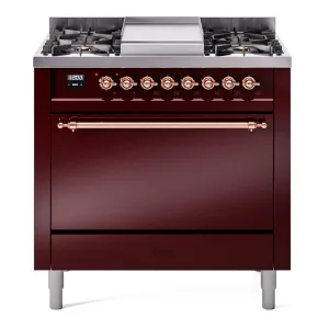 Ilve UP36FQNMPBUPLP Nostalgie Ii 36 Inch Dual Fuel Liquid Propane Freestanding Range In Burgundy With Copper Trim