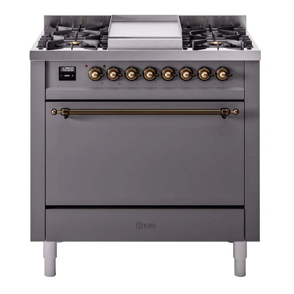 Ilve UP36FQNMPMGB Nostalgie Ii 36 Inch Dual Fuel Natural Gas Freestanding Range In Matte Graphite With Bronze Trim