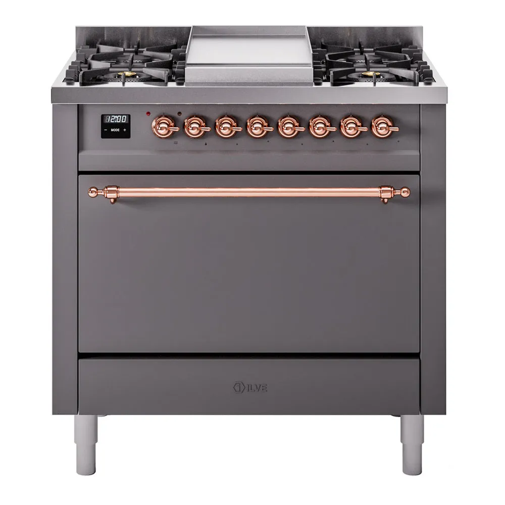 Ilve UP36FQNMPMGP Nostalgie Ii 36 Inch Dual Fuel Natural Gas Freestanding Range In Matte Graphite With Copper Trim