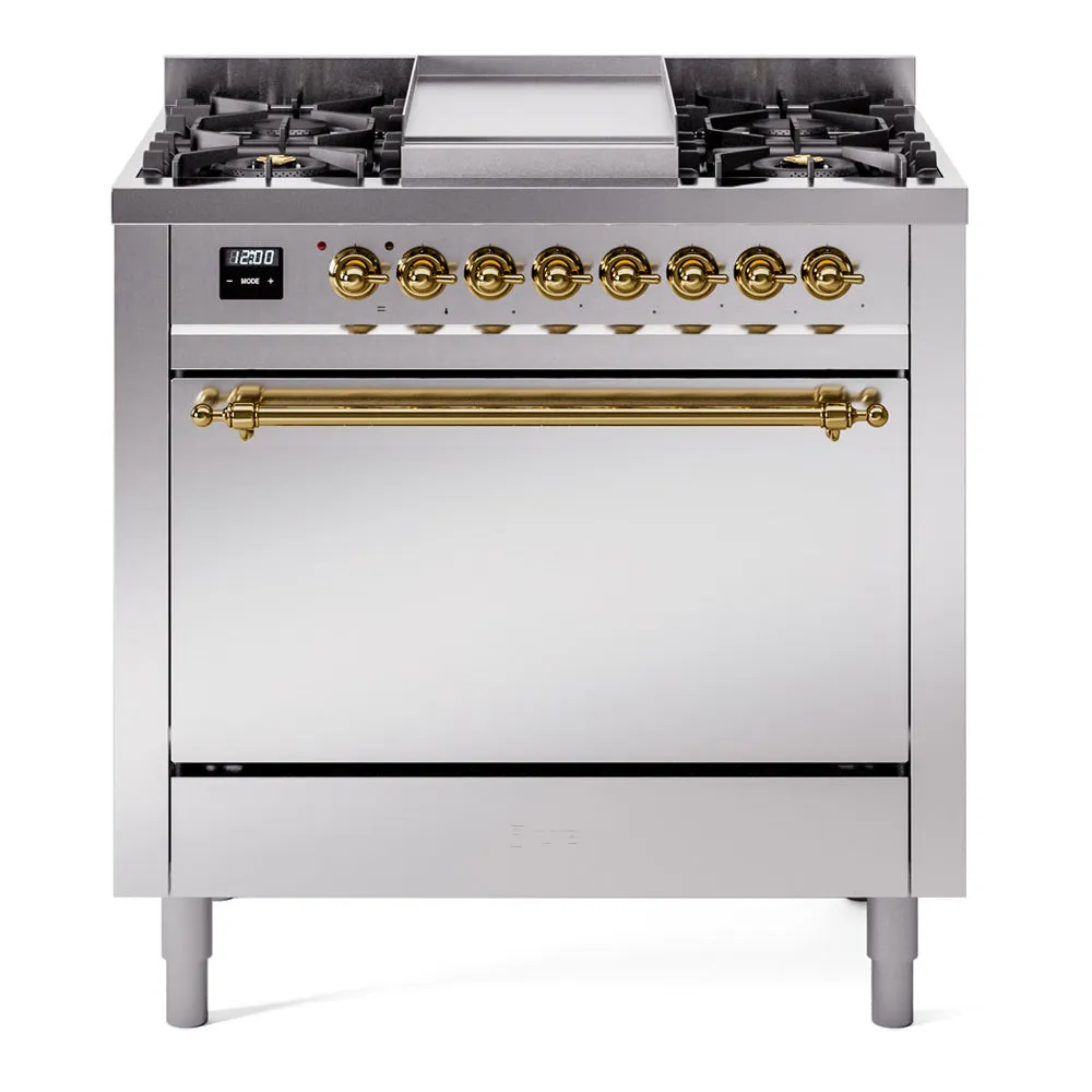 Ilve UP36FQNMPSSGLP Nostalgie Ii 36 Inch Dual Fuel Liquid Propane Freestanding Range In Stainless Steel With Brass Trim