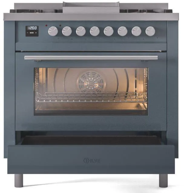 Ilve UP36FWMPBGLP Professional Plus Ii 36 Inch Dual Fuel Liquid Propane Freestanding Range In Blue Grey With Trim